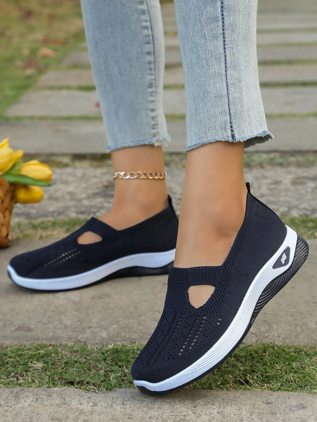 Women's Hollow Knit Mesh Slip On Sneakers, Orthopedic Comfortable Walking Shoes, Casual Flats for Elderly