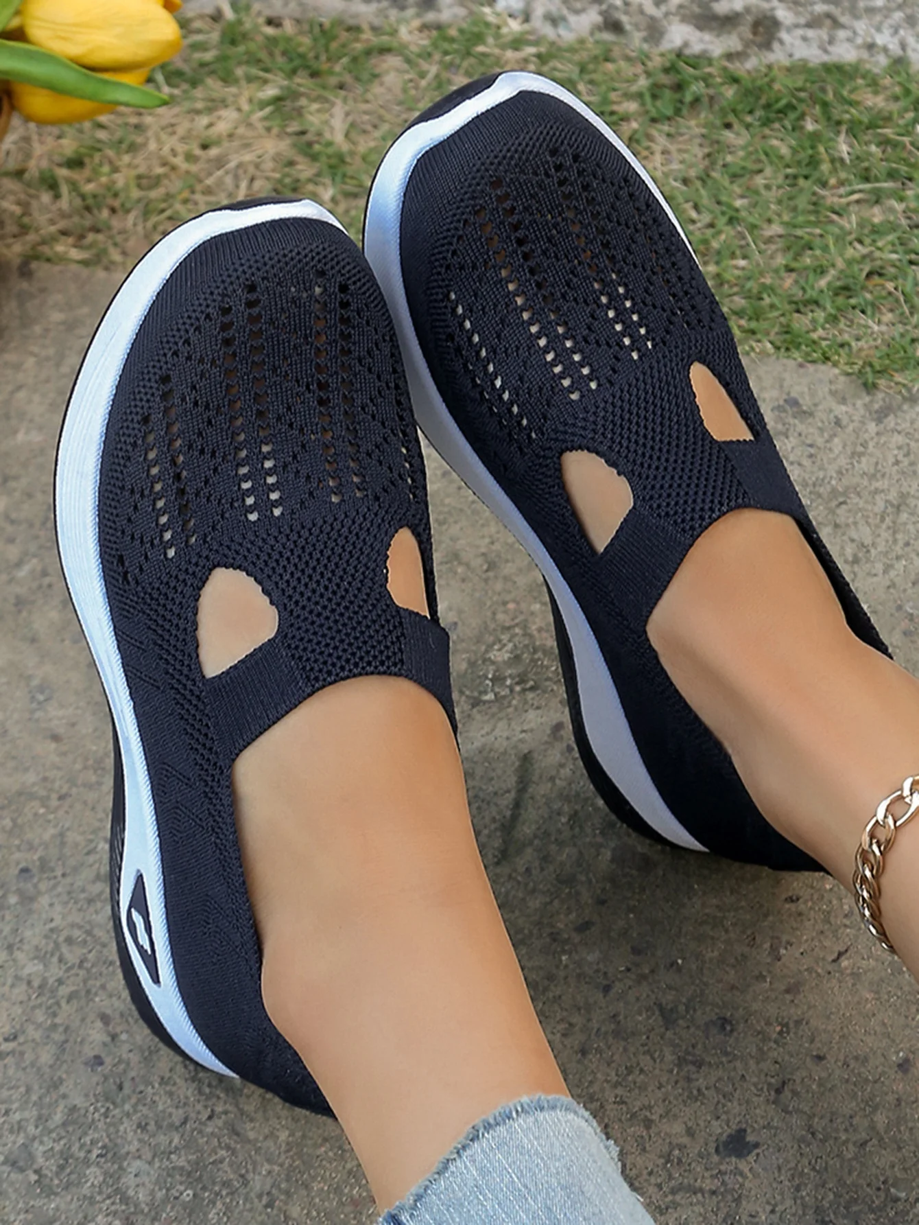 Women's Hollow Knit Mesh Slip On Sneakers, Orthopedic Comfortable Walking Shoes, Casual Flats for Elderly
