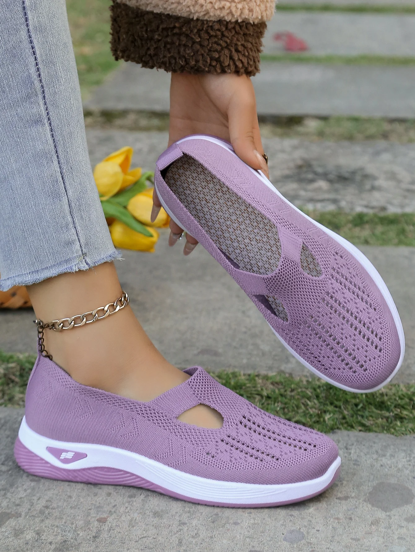 Women's Hollow Knit Mesh Slip On Sneakers, Orthopedic Comfortable Walking Shoes, Casual Flats for Elderly