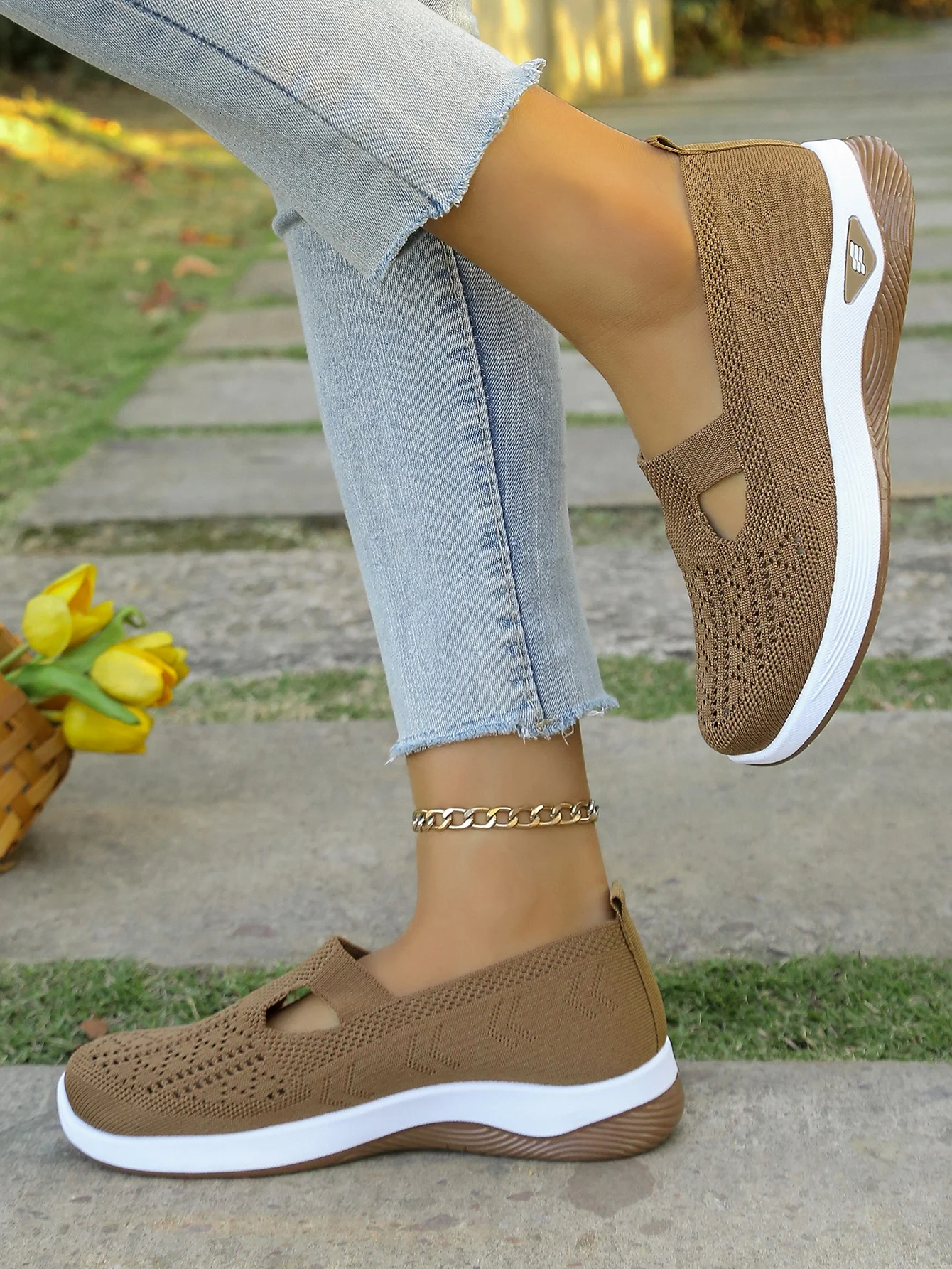 Women's Hollow Knit Mesh Slip On Sneakers, Orthopedic Comfortable Walking Shoes, Casual Flats for Elderly