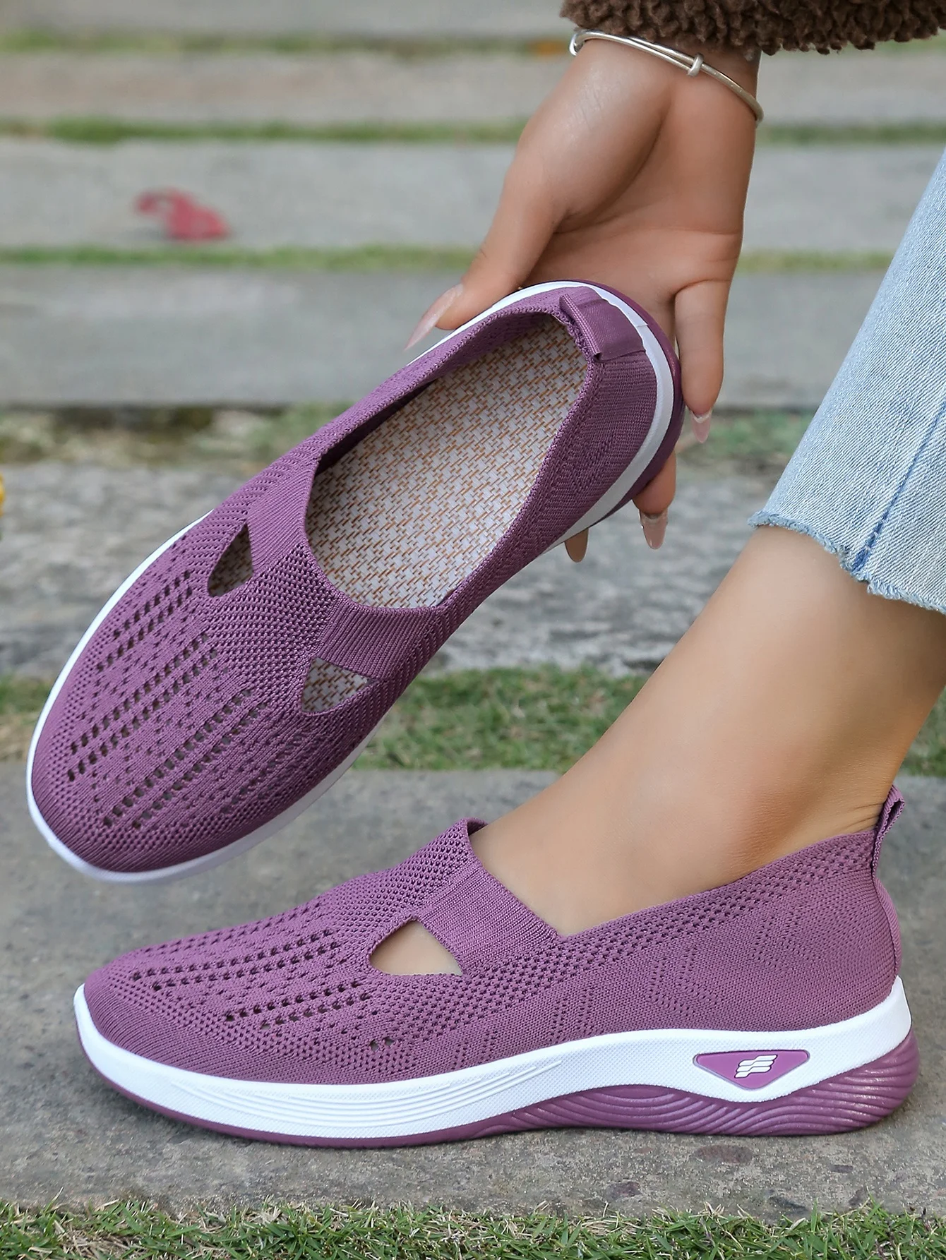 Women's Hollow Knit Mesh Slip On Sneakers, Orthopedic Comfortable Walking Shoes, Casual Flats for Elderly
