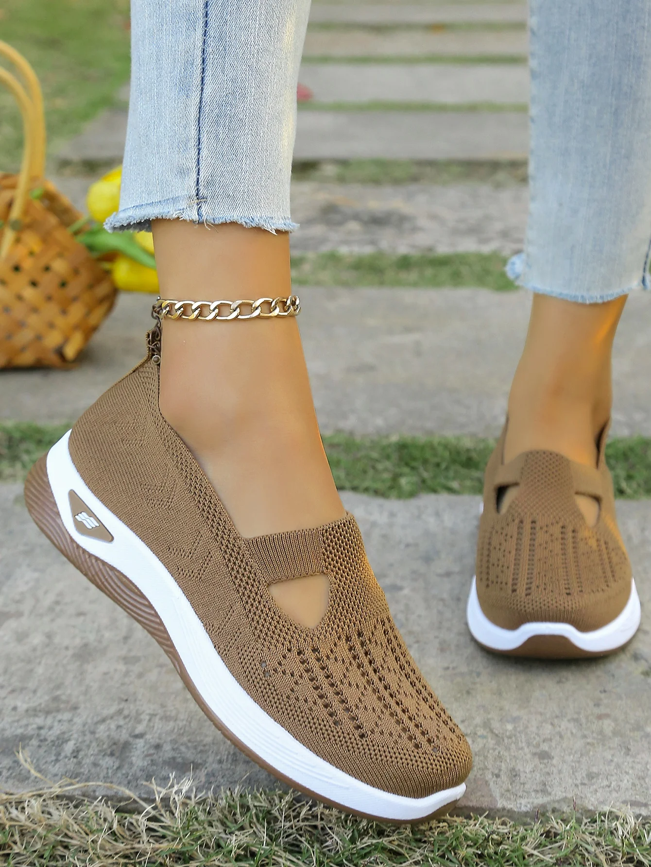 Women's Hollow Knit Mesh Slip On Sneakers, Orthopedic Comfortable Walking Shoes, Casual Flats for Elderly