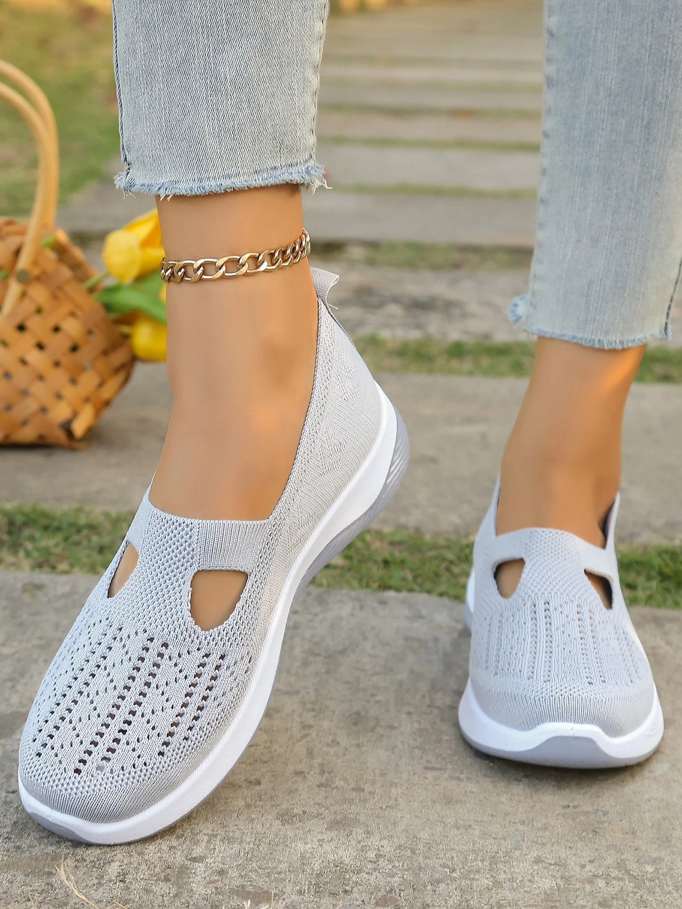 Women's Hollow Knit Mesh Slip On Sneakers, Orthopedic Comfortable Walking Shoes, Casual Flats for Elderly