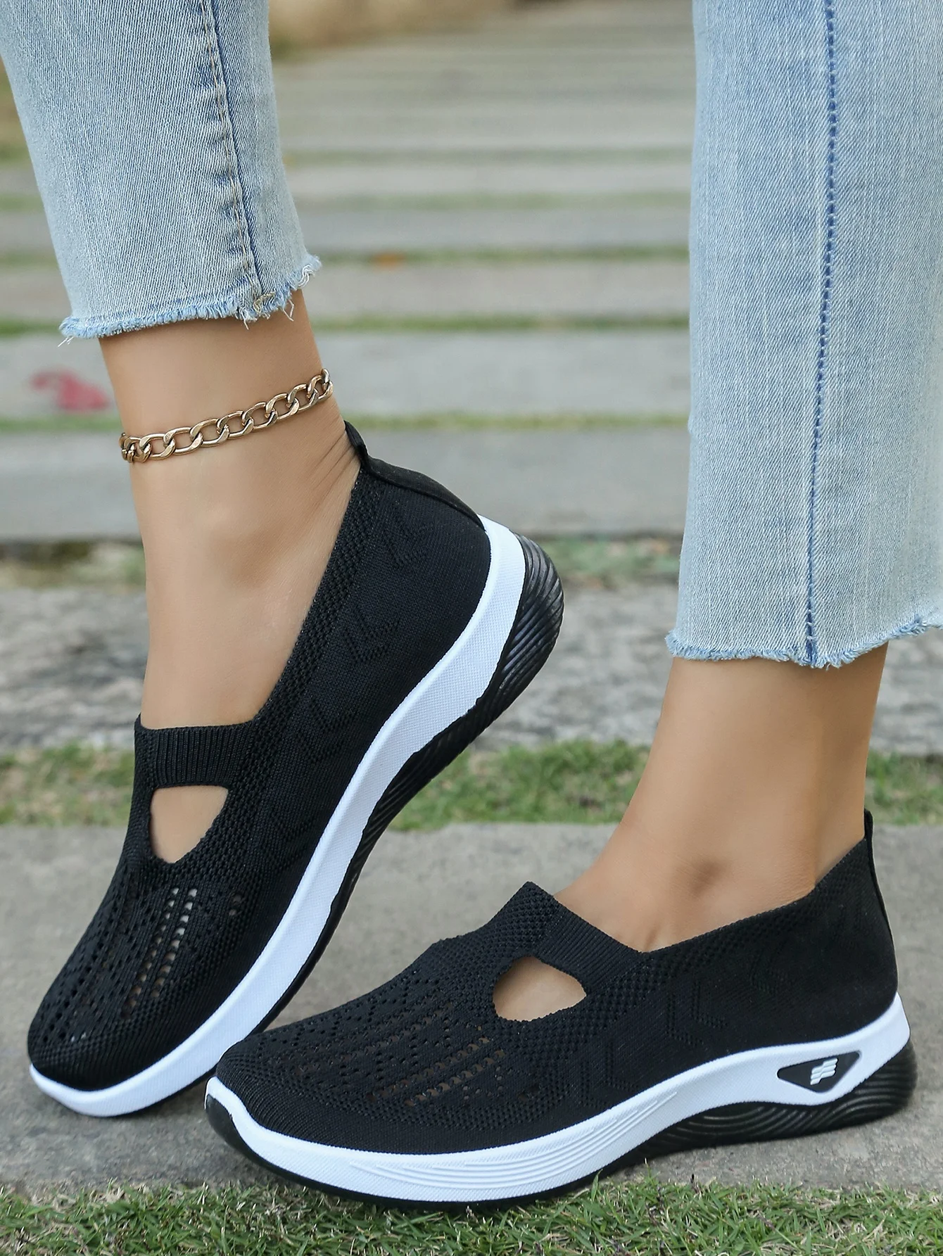 Women's Hollow Knit Mesh Slip On Sneakers, Orthopedic Comfortable Walking Shoes, Casual Flats for Elderly
