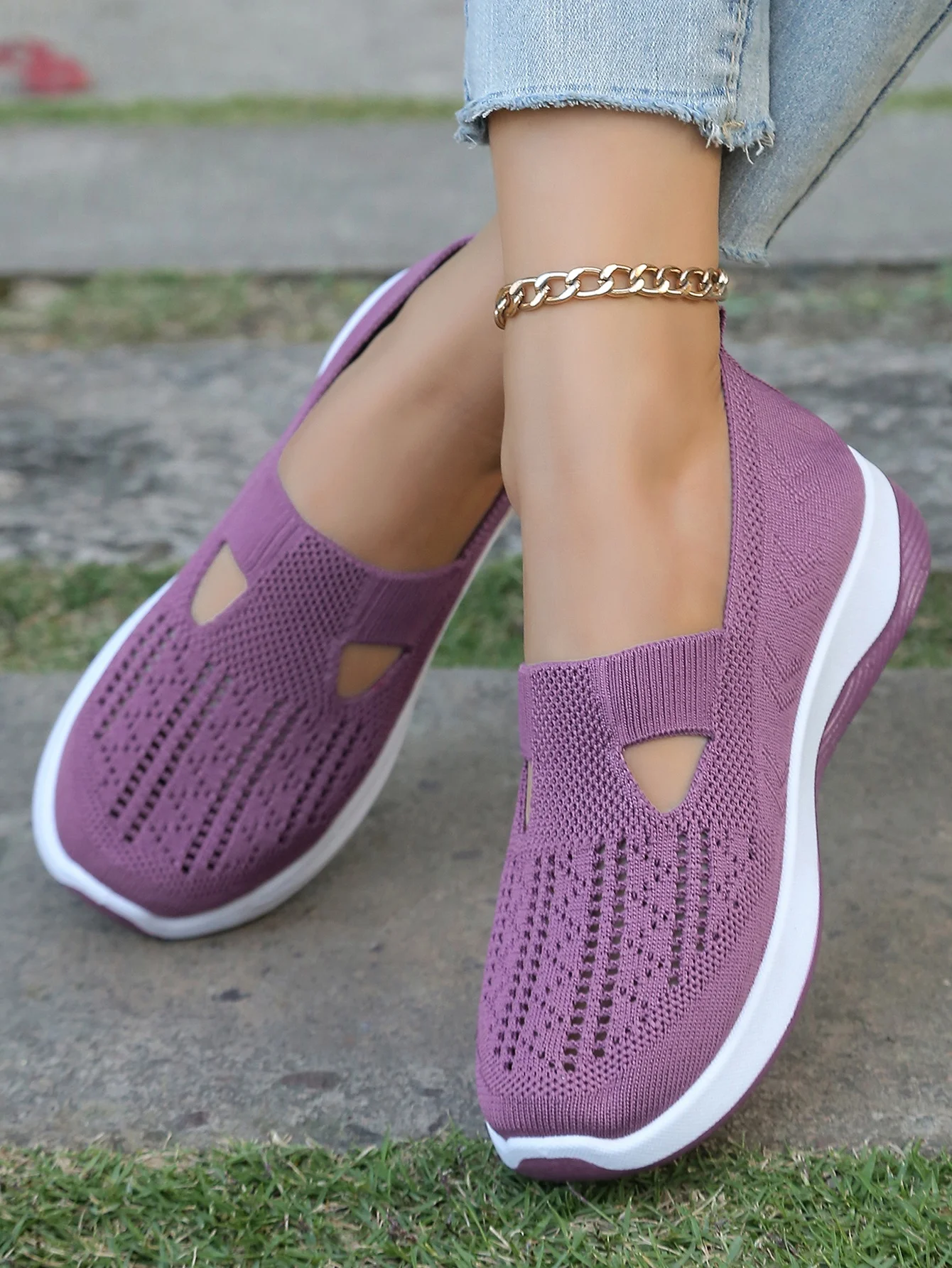 Women's Hollow Knit Mesh Slip On Sneakers, Orthopedic Comfortable Walking Shoes, Casual Flats for Elderly