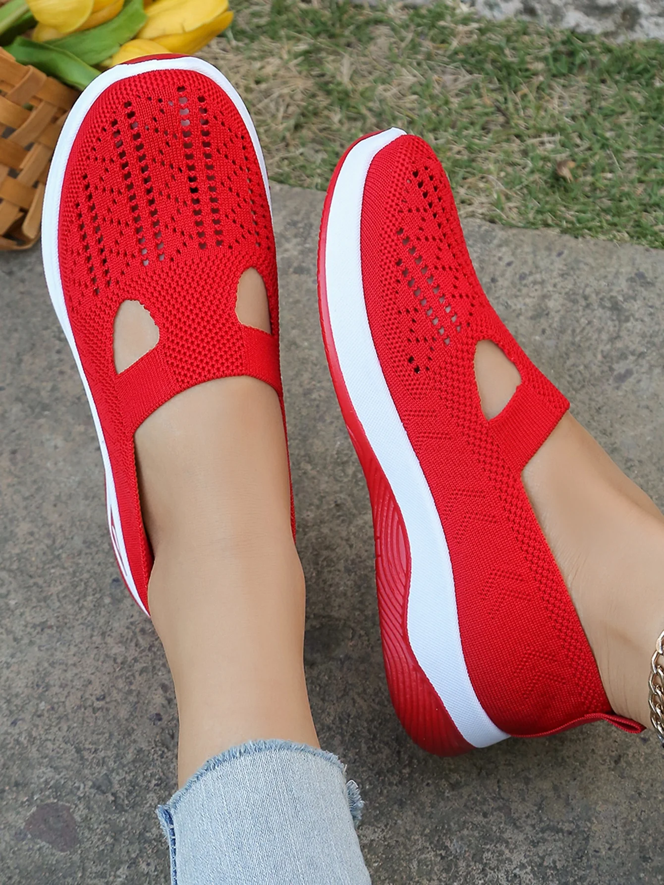 Women's Hollow Knit Mesh Slip On Sneakers, Orthopedic Comfortable Walking Shoes, Casual Flats for Elderly