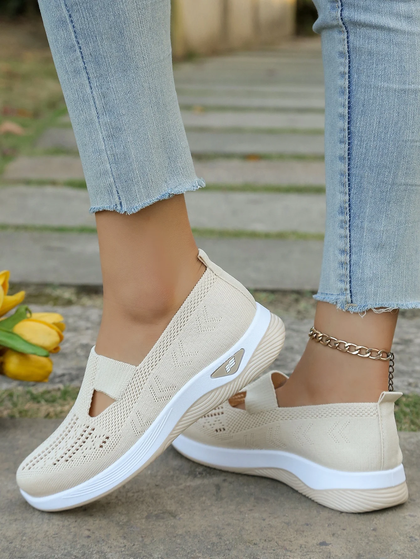 Women's Hollow Knit Mesh Slip On Sneakers, Orthopedic Comfortable Walking Shoes, Casual Flats for Elderly