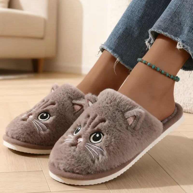 Solid Color Faux Fur Cat Home Slippers Couple Winter Warm Plush Soft EVA Slides Women Indoor Non-slip Sandals Adults Flip Flops