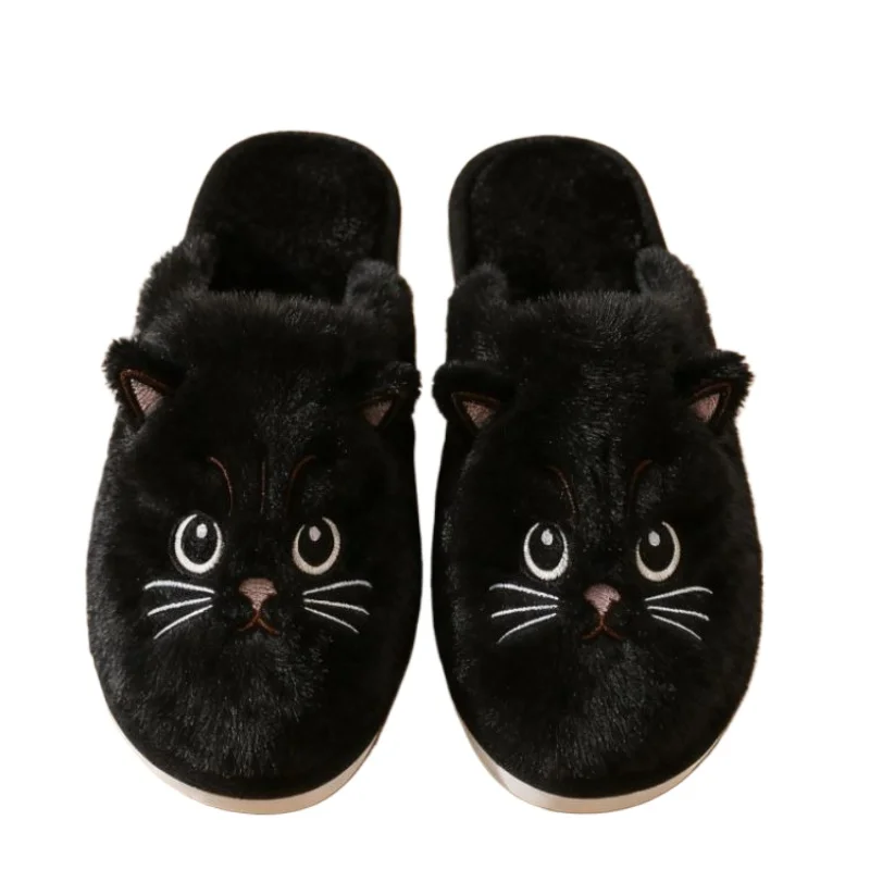 Solid Color Faux Fur Cat Home Slippers Couple Winter Warm Plush Soft EVA Slides Women Indoor Non-slip Sandals Adults Flip Flops