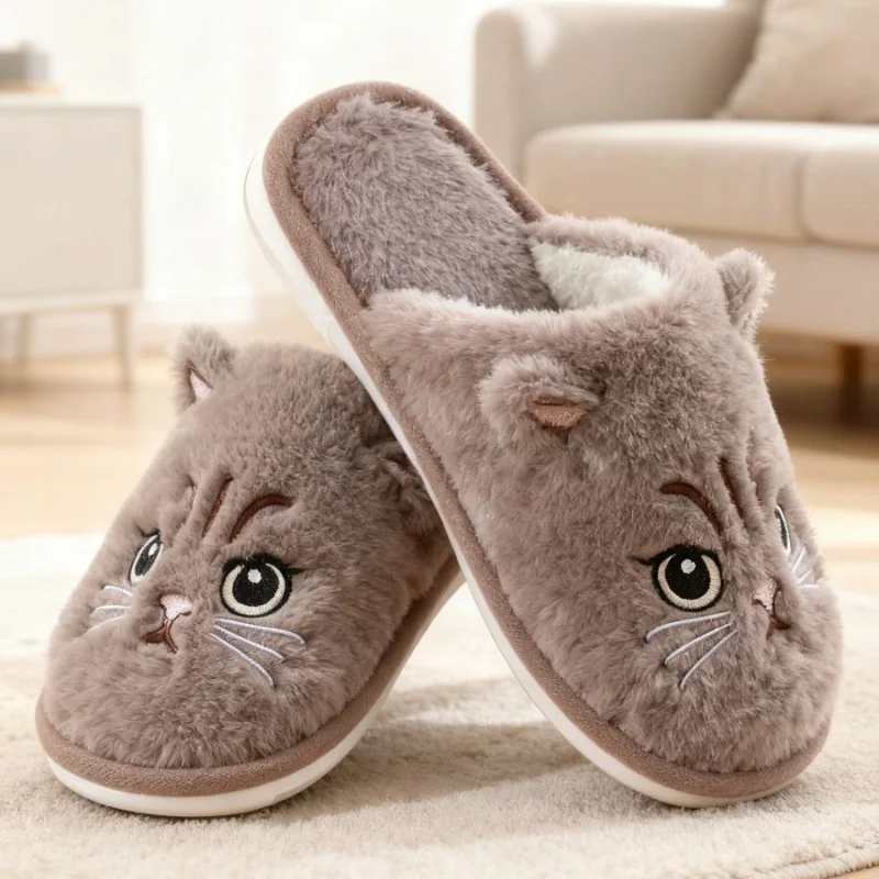 Solid Color Faux Fur Cat Home Slippers Couple Winter Warm Plush Soft EVA Slides Women Indoor Non-slip Sandals Adults Flip Flops