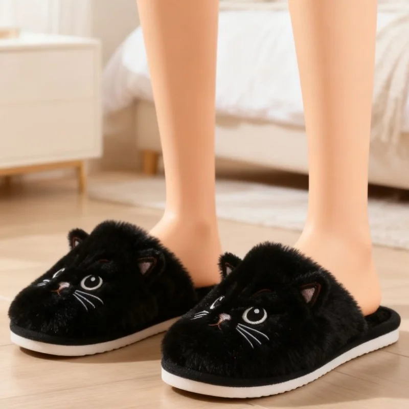 Solid Color Faux Fur Cat Home Slippers Couple Winter Warm Plush Soft EVA Slides Women Indoor Non-slip Sandals Adults Flip Flops