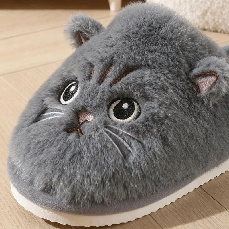 Solid Color Faux Fur Cat Home Slippers Couple Winter Warm Plush Soft EVA Slides Women Indoor Non-slip Sandals Adults Flip Flops