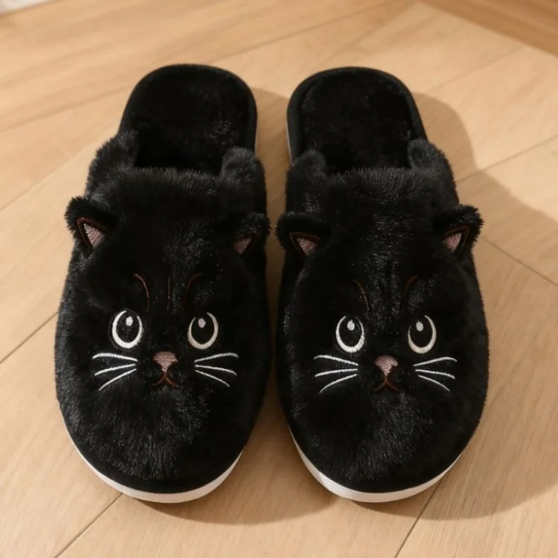 Solid Color Faux Fur Cat Home Slippers Couple Winter Warm Plush Soft EVA Slides Women Indoor Non-slip Sandals Adults Flip Flops