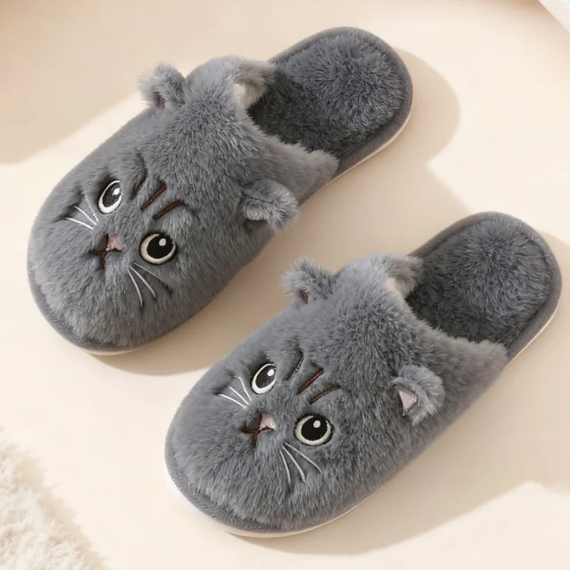 Solid Color Faux Fur Cat Home Slippers Couple Winter Warm Plush Soft EVA Slides Women Indoor Non-slip Sandals Adults Flip Flops