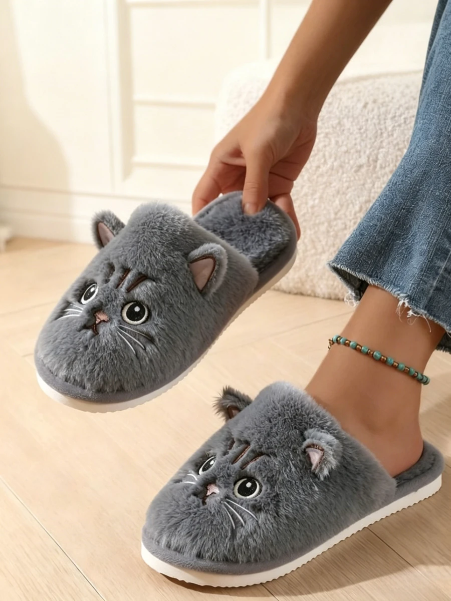 Solid Color Faux Fur Cat Home Slippers Couple Winter Warm Plush Soft EVA Slides Women Indoor Non-slip Sandals Adults Flip Flops