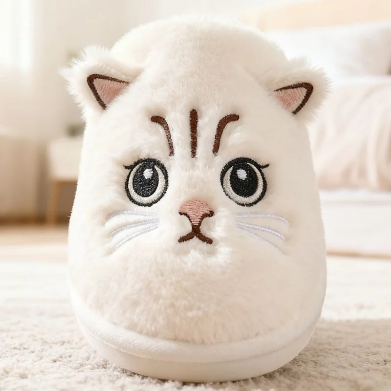 Solid Color Faux Fur Cat Home Slippers Couple Winter Warm Plush Soft EVA Slides Women Indoor Non-slip Sandals Adults Flip Flops