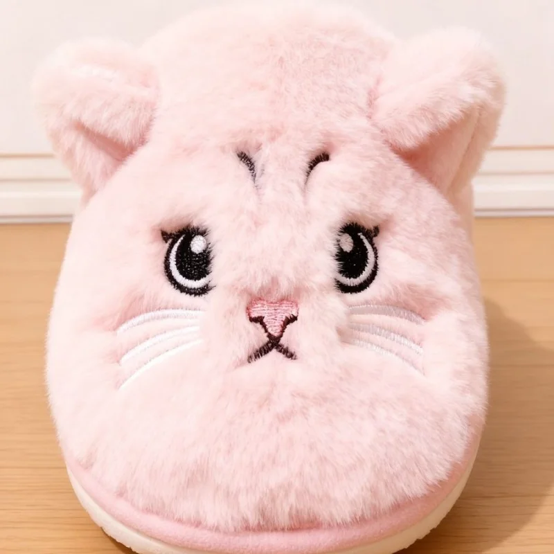 Solid Color Faux Fur Cat Home Slippers Couple Winter Warm Plush Soft EVA Slides Women Indoor Non-slip Sandals Adults Flip Flops