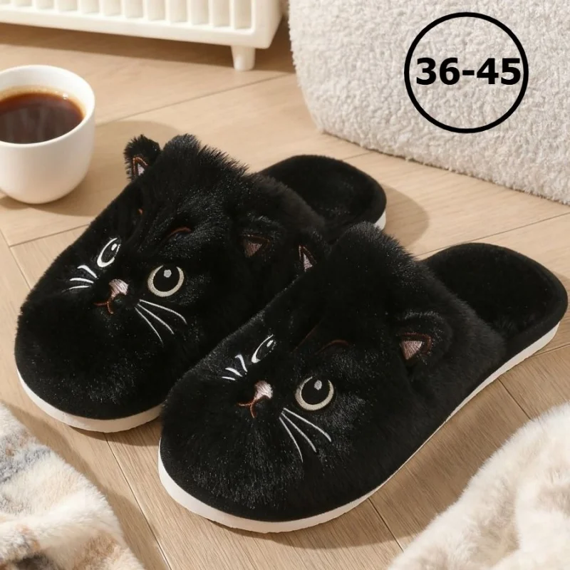 Solid Color Faux Fur Cat Home Slippers Couple Winter Warm Plush Soft EVA Slides Women Indoor Non-slip Sandals Adults Flip Flops