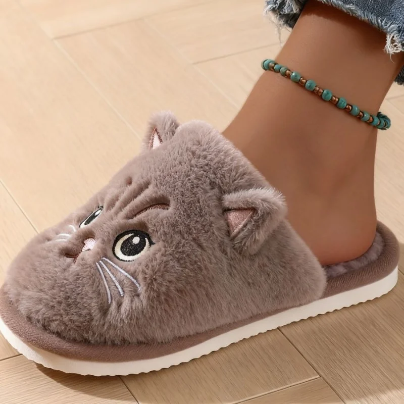 Solid Color Faux Fur Cat Home Slippers Couple Winter Warm Plush Soft EVA Slides Women Indoor Non-slip Sandals Adults Flip Flops