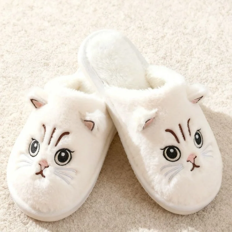 Solid Color Faux Fur Cat Home Slippers Couple Winter Warm Plush Soft EVA Slides Women Indoor Non-slip Sandals Adults Flip Flops