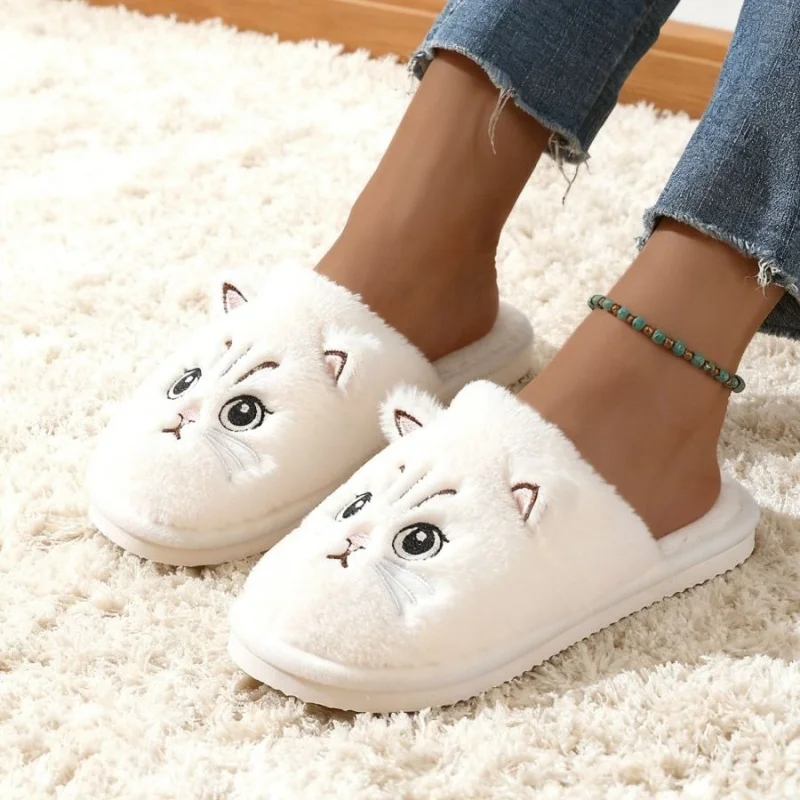 Solid Color Faux Fur Cat Home Slippers Couple Winter Warm Plush Soft EVA Slides Women Indoor Non-slip Sandals Adults Flip Flops