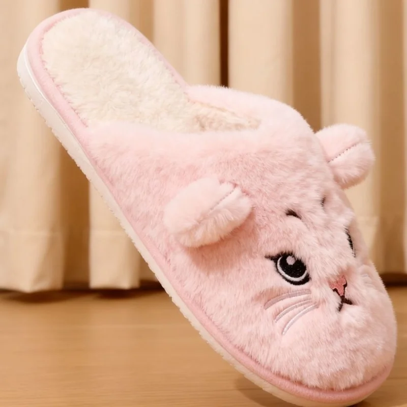 Solid Color Faux Fur Cat Home Slippers Couple Winter Warm Plush Soft EVA Slides Women Indoor Non-slip Sandals Adults Flip Flops