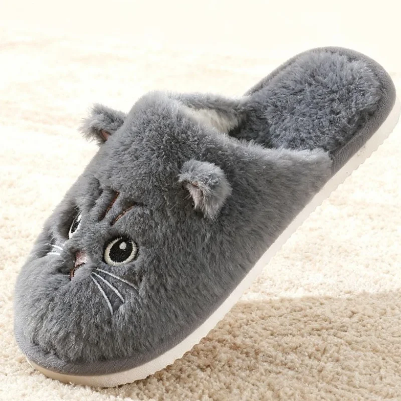 Solid Color Faux Fur Cat Home Slippers Couple Winter Warm Plush Soft EVA Slides Women Indoor Non-slip Sandals Adults Flip Flops