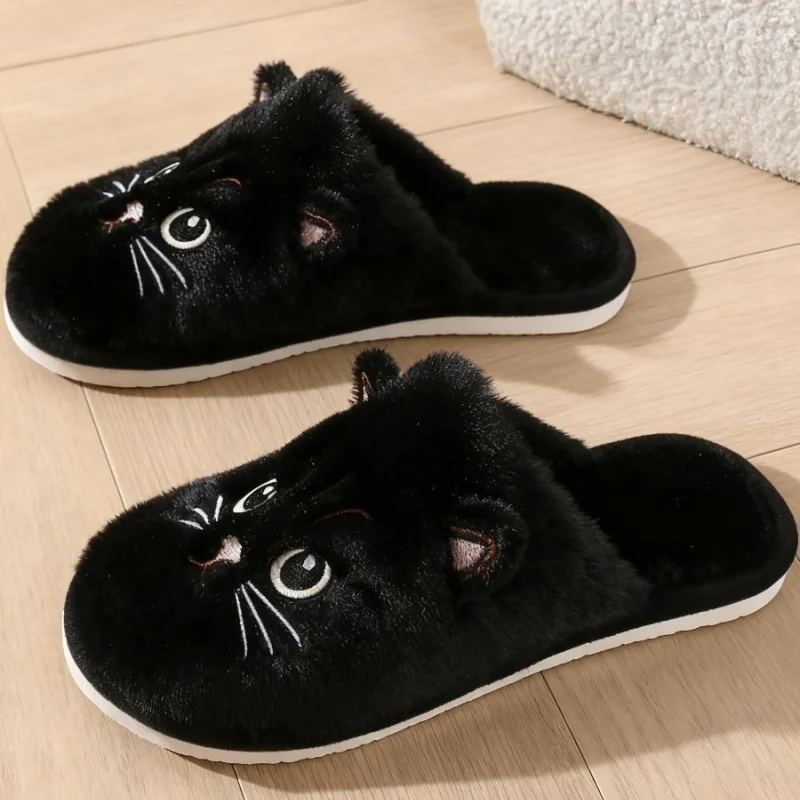 Solid Color Faux Fur Cat Home Slippers Couple Winter Warm Plush Soft EVA Slides Women Indoor Non-slip Sandals Adults Flip Flops