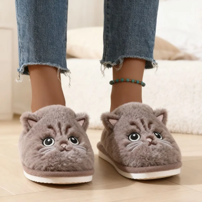 Solid Color Faux Fur Cat Home Slippers Couple Winter Warm Plush Soft EVA Slides Women Indoor Non-slip Sandals Adults Flip Flops