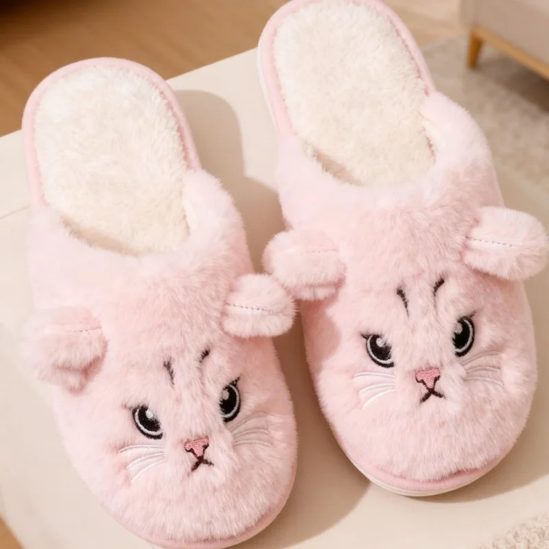 Solid Color Faux Fur Cat Home Slippers Couple Winter Warm Plush Soft EVA Slides Women Indoor Non-slip Sandals Adults Flip Flops