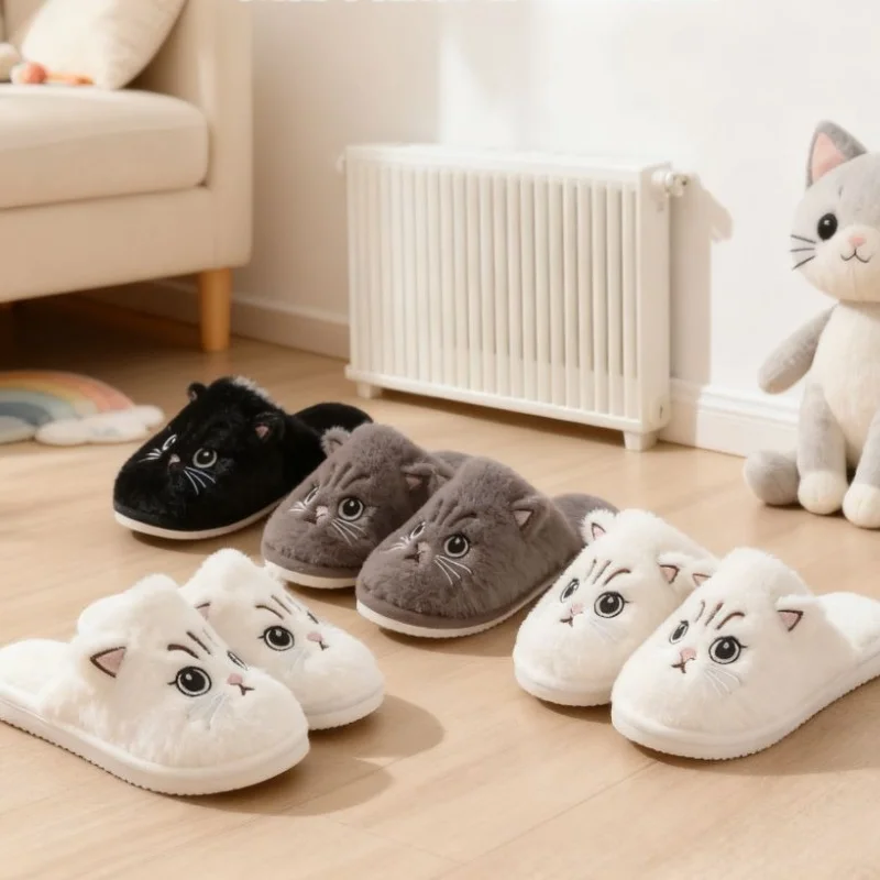 Solid Color Faux Fur Cat Home Slippers Couple Winter Warm Plush Soft EVA Slides Women Indoor Non-slip Sandals Adults Flip Flops