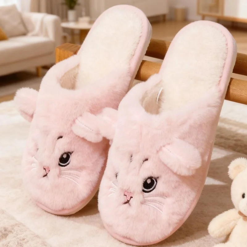 Solid Color Faux Fur Cat Home Slippers Couple Winter Warm Plush Soft EVA Slides Women Indoor Non-slip Sandals Adults Flip Flops