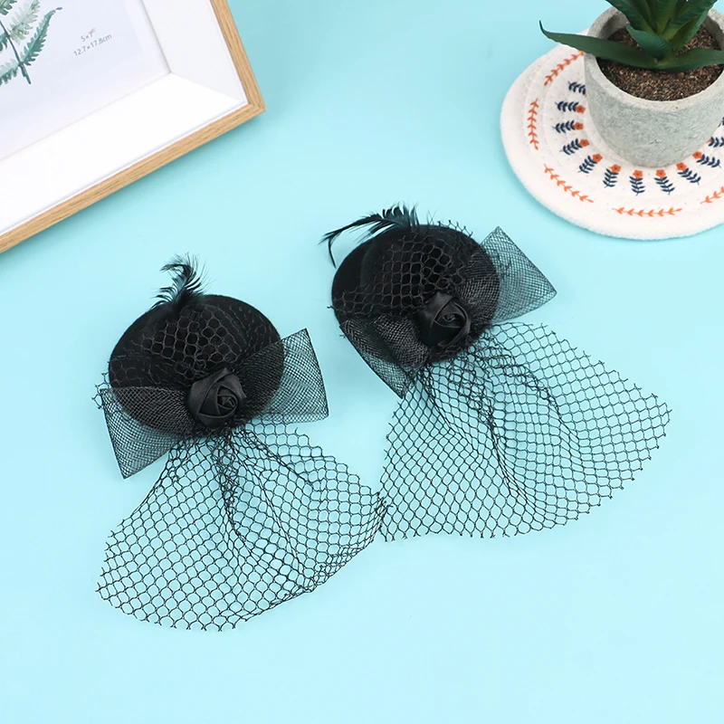 1Pcs 7cm Doll Fashion Lady Bowler Hat Vintage Dolls Clothes doll house mini Simulation Black Mesh Hat Model Kid Toy Accessories