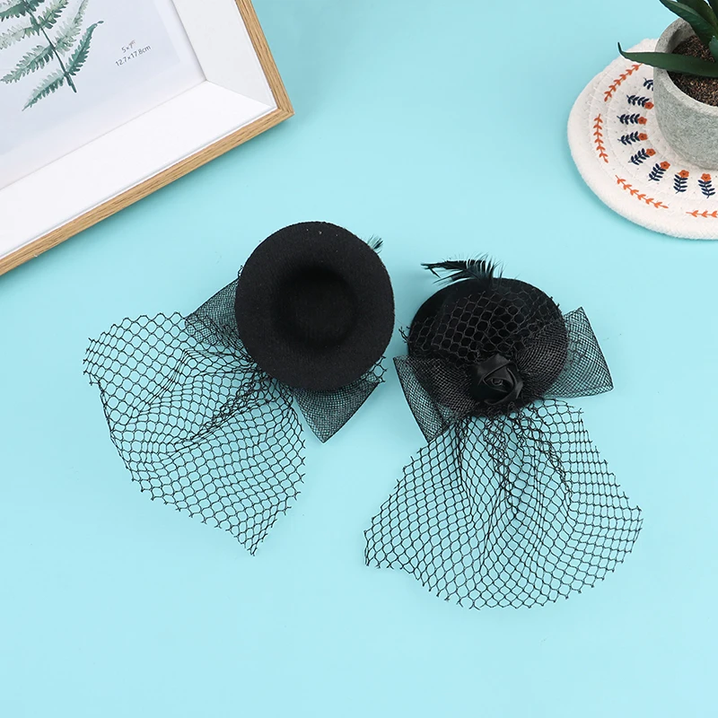 1Pcs 7cm Doll Fashion Lady Bowler Hat Vintage Dolls Clothes doll house mini Simulation Black Mesh Hat Model Kid Toy Accessories