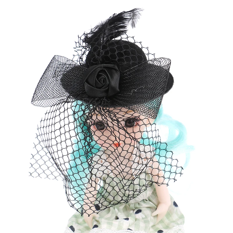 1Pcs 7cm Doll Fashion Lady Bowler Hat Vintage Dolls Clothes doll house mini Simulation Black Mesh Hat Model Kid Toy Accessories