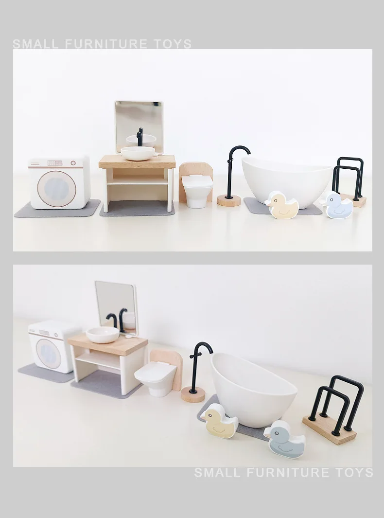 Modern dollhouse furniture kitchen wood miniature bathroom bedroom dolls house kitchen items table and chairs baby accessories