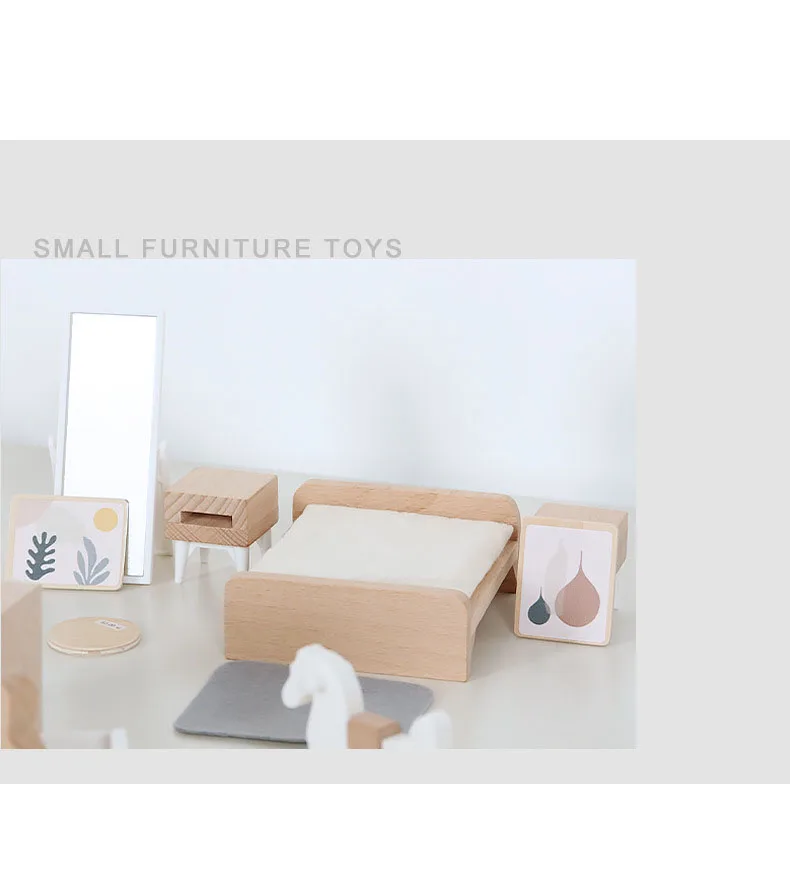 Modern dollhouse furniture kitchen wood miniature bathroom bedroom dolls house kitchen items table and chairs baby accessories