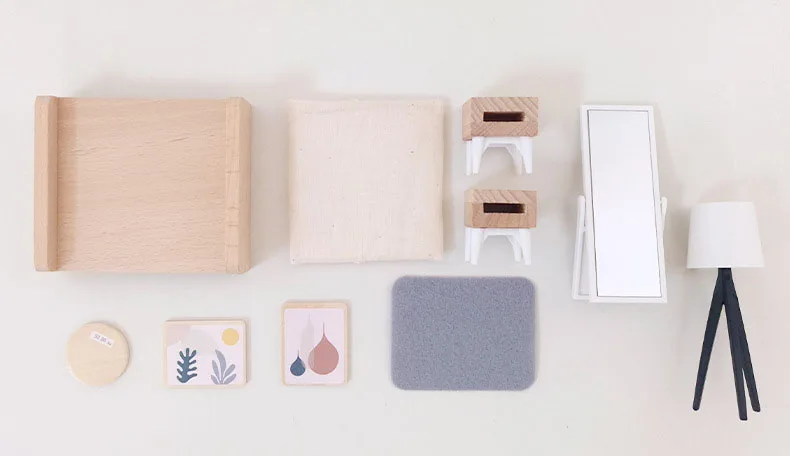Modern dollhouse furniture kitchen wood miniature bathroom bedroom dolls house kitchen items table and chairs baby accessories