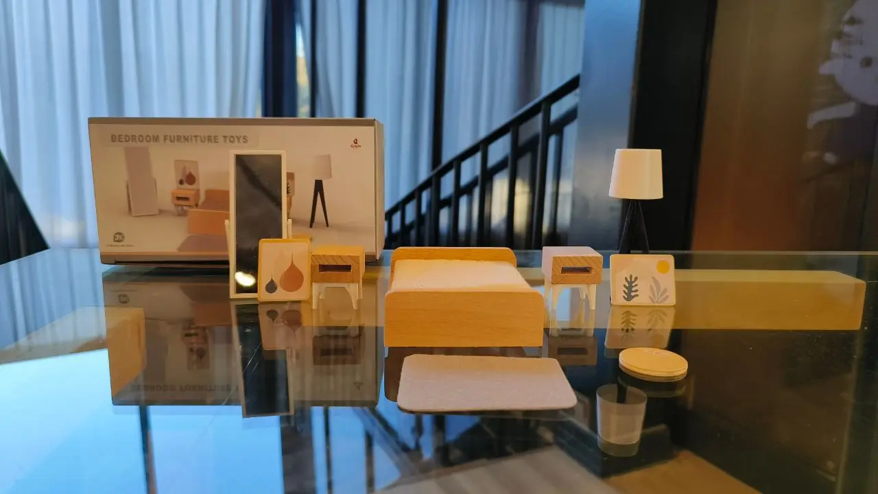 Modern dollhouse furniture kitchen wood miniature bathroom bedroom dolls house kitchen items table and chairs baby accessories