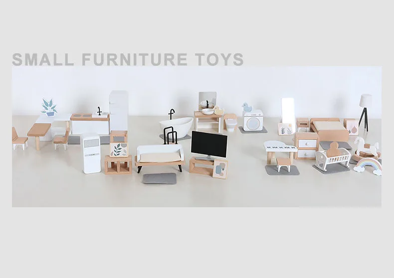 Modern dollhouse furniture kitchen wood miniature bathroom bedroom dolls house kitchen items table and chairs baby accessories