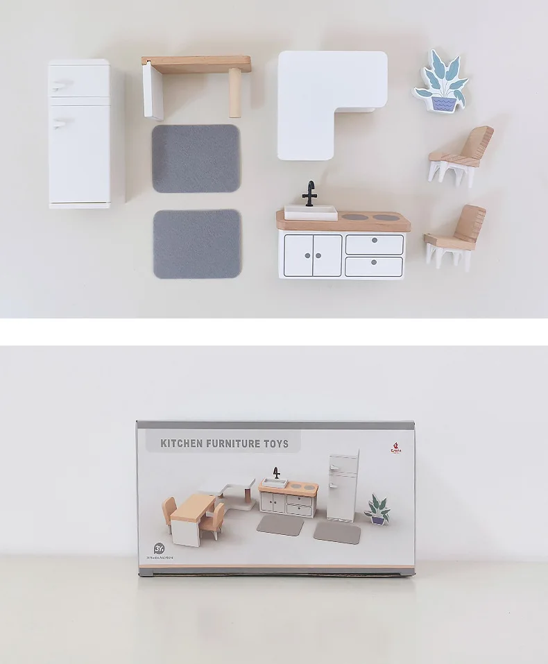 Modern dollhouse furniture kitchen wood miniature bathroom bedroom dolls house kitchen items table and chairs baby accessories