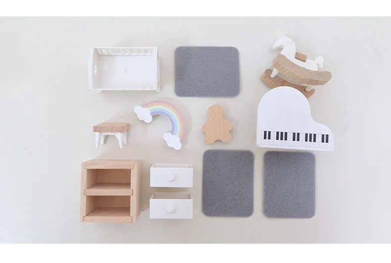 Modern dollhouse furniture kitchen wood miniature bathroom bedroom dolls house kitchen items table and chairs baby accessories