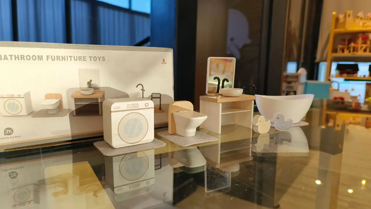Modern dollhouse furniture kitchen wood miniature bathroom bedroom dolls house kitchen items table and chairs baby accessories