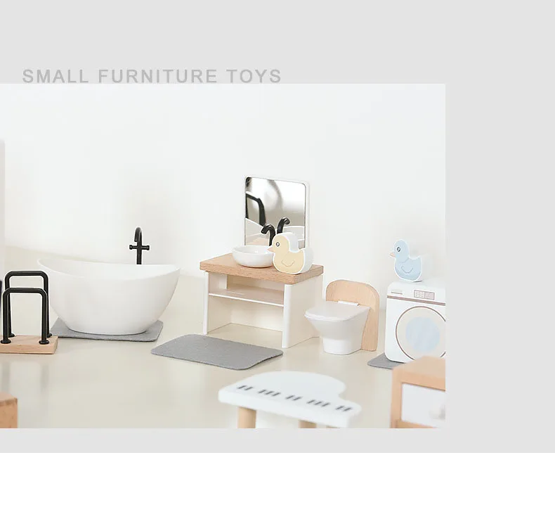 Modern dollhouse furniture kitchen wood miniature bathroom bedroom dolls house kitchen items table and chairs baby accessories