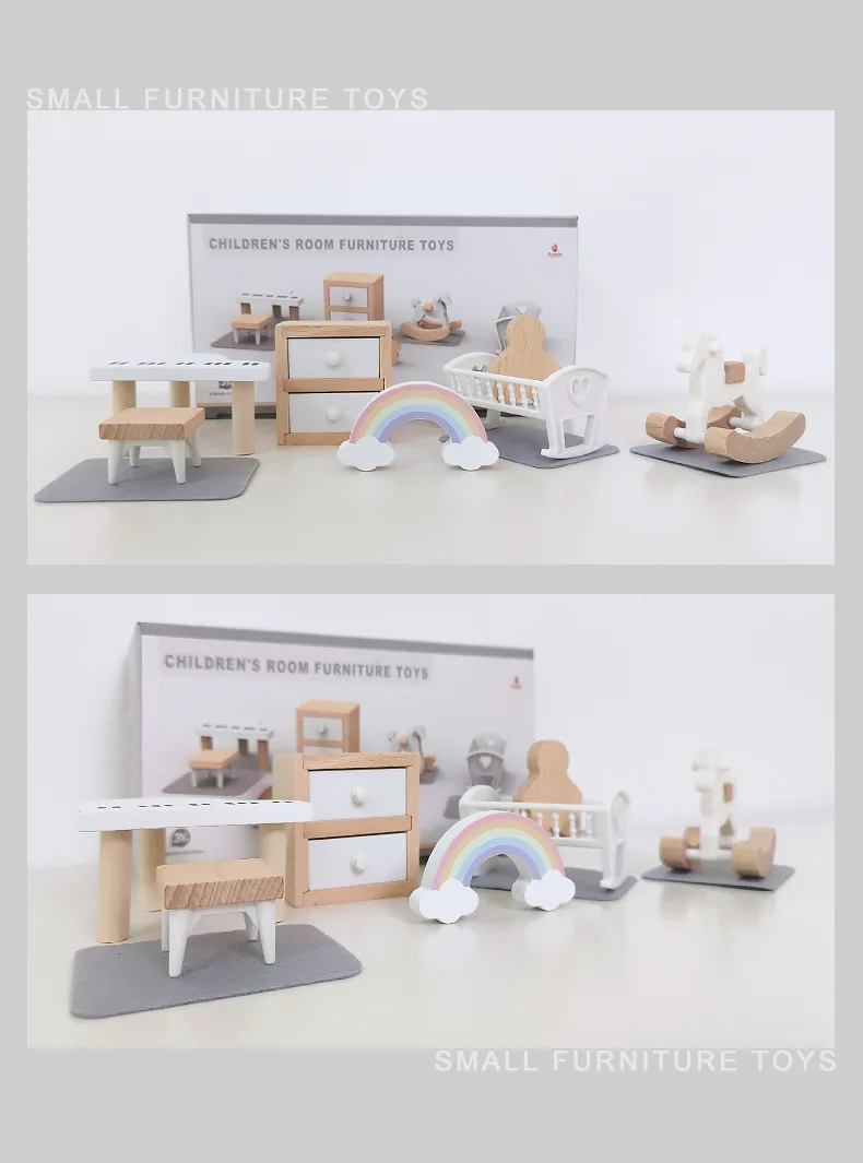 Modern dollhouse furniture kitchen wood miniature bathroom bedroom dolls house kitchen items table and chairs baby accessories