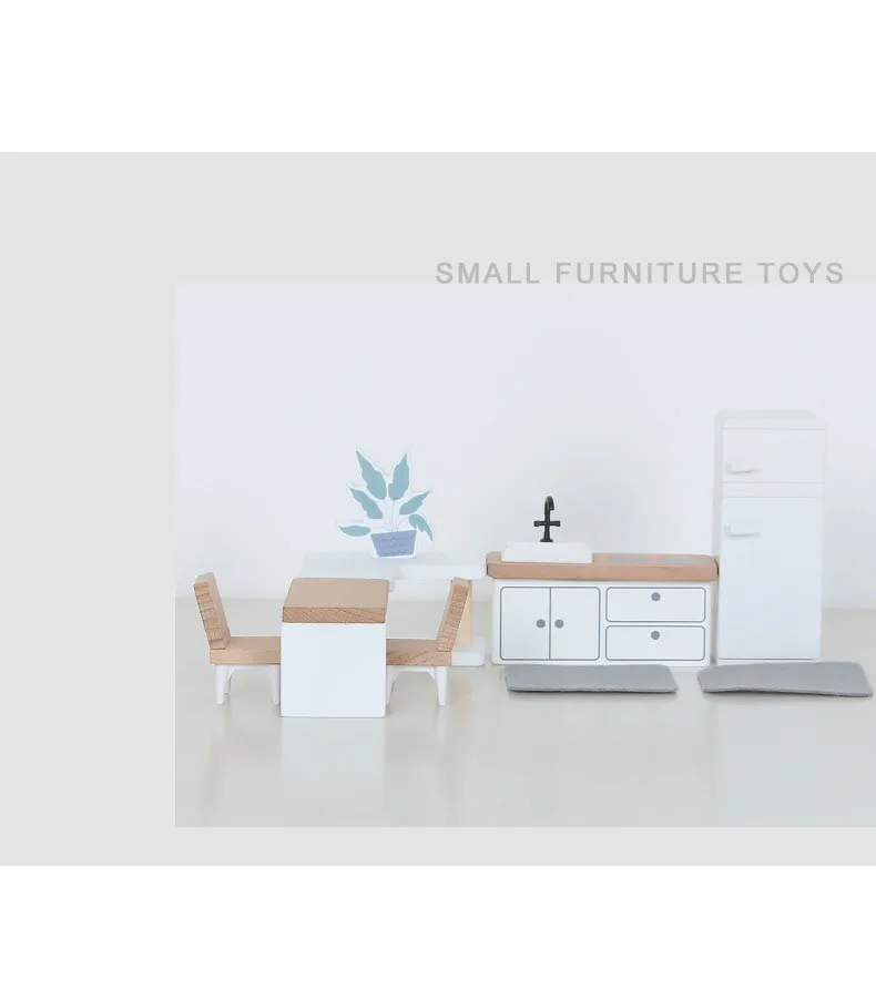 Modern dollhouse furniture kitchen wood miniature bathroom bedroom dolls house kitchen items table and chairs baby accessories