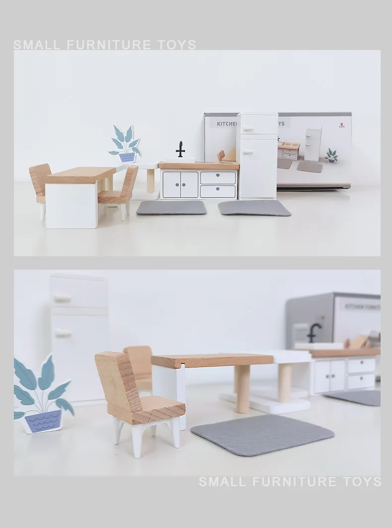 Modern dollhouse furniture kitchen wood miniature bathroom bedroom dolls house kitchen items table and chairs baby accessories