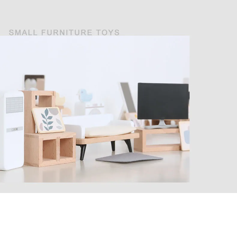 Modern dollhouse furniture kitchen wood miniature bathroom bedroom dolls house kitchen items table and chairs baby accessories