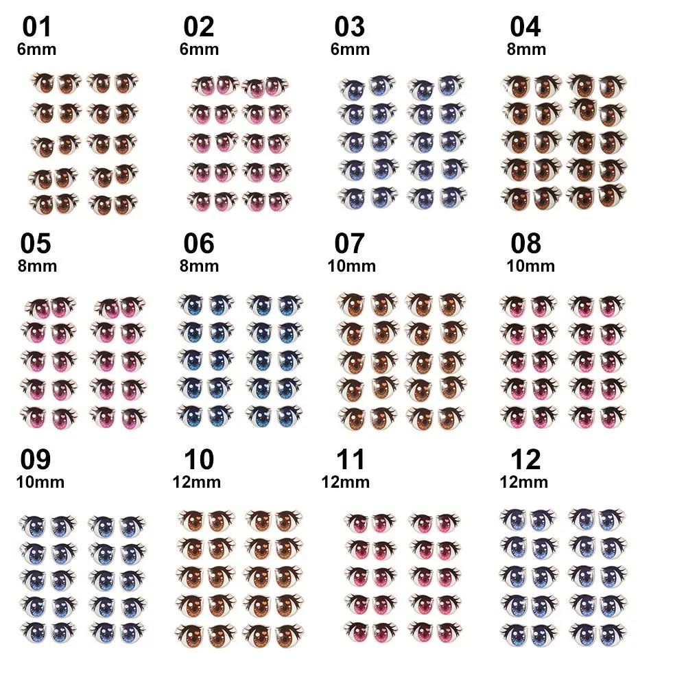 10Pairs Long Eyelashes Cute Love Cartoon Eyes Stickers Anime Figurine Doll Face Organ Paster Clay Decals DIY Doll Accessories