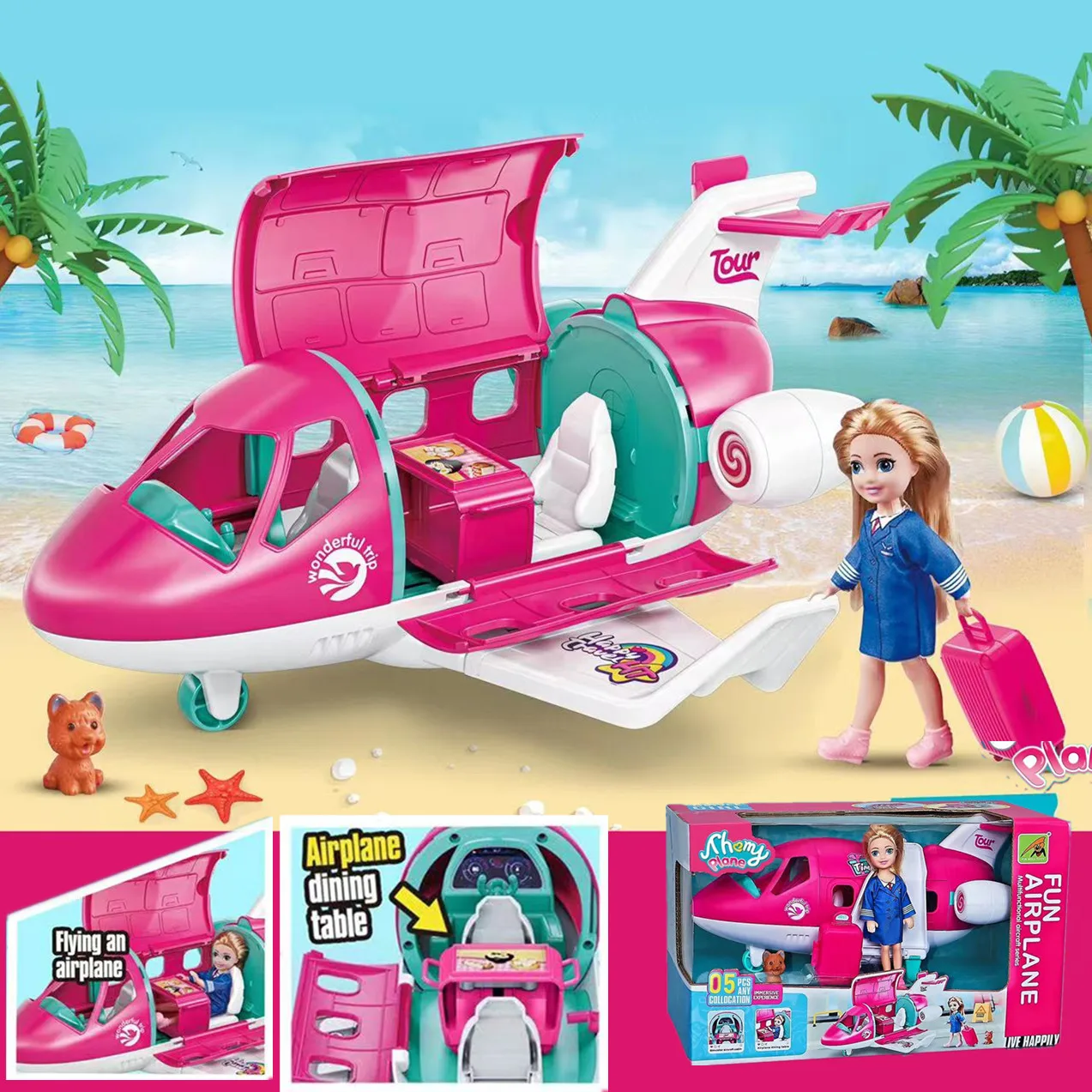 Cute Playset Doll With Travel Dream Airplane And Doll Accessories Suitcase Puppy Dog Pet Birthday Christmas Gift